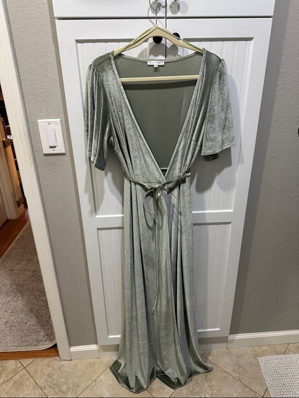 Shimmery Velvet Light Sage Green Wrap Maxi Dress